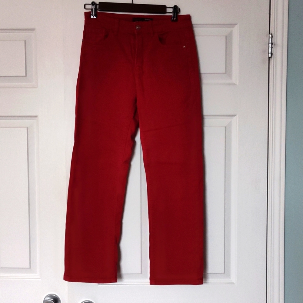 Red denim straight leg ankle length jeans
